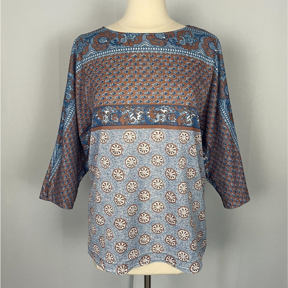 Vintage 70s Top Womens Size Small Blue Floral Boho Peasant Retro Casual Poly Vtg - Picture 1 of 15